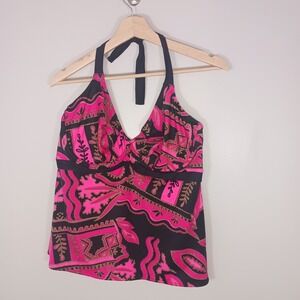 Fantasie Halter Geometric Floral Underwire Tankini Top Pink Black Size 38E New